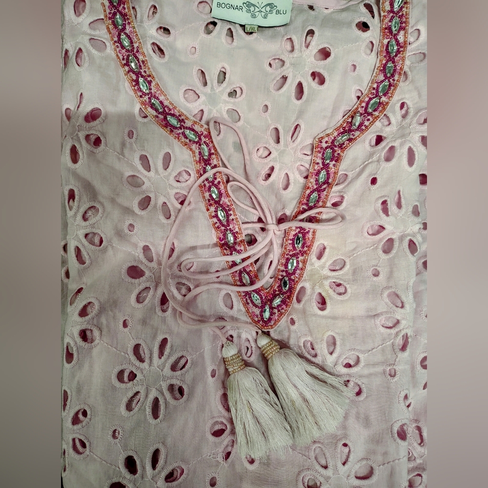 BOGNAR BLU RESORT BEACH POOL COVERUP SIZE L/XL PINK w JEWEL COLLAR & TASSELS.